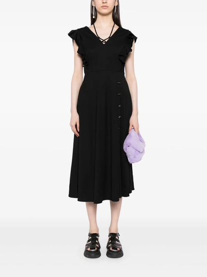 Ruffle-Detail V-Neck Midi Dress