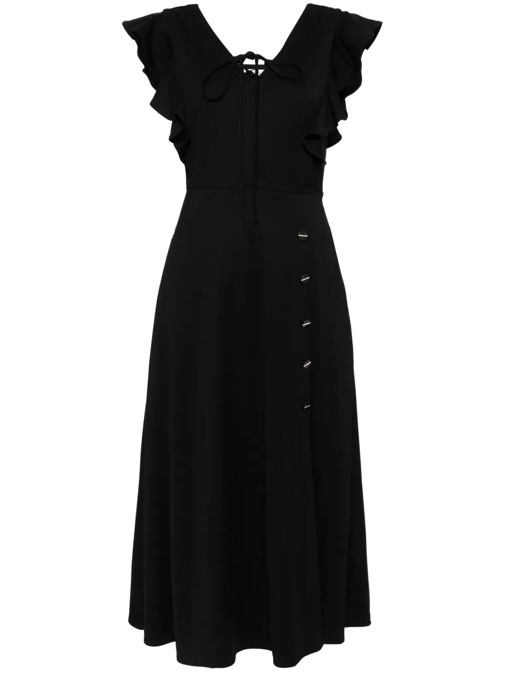 Ruffle-Detail V-Neck Midi Dress