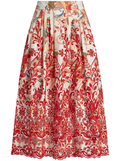 Paisley-Pattern Embroidered Midi Skirt