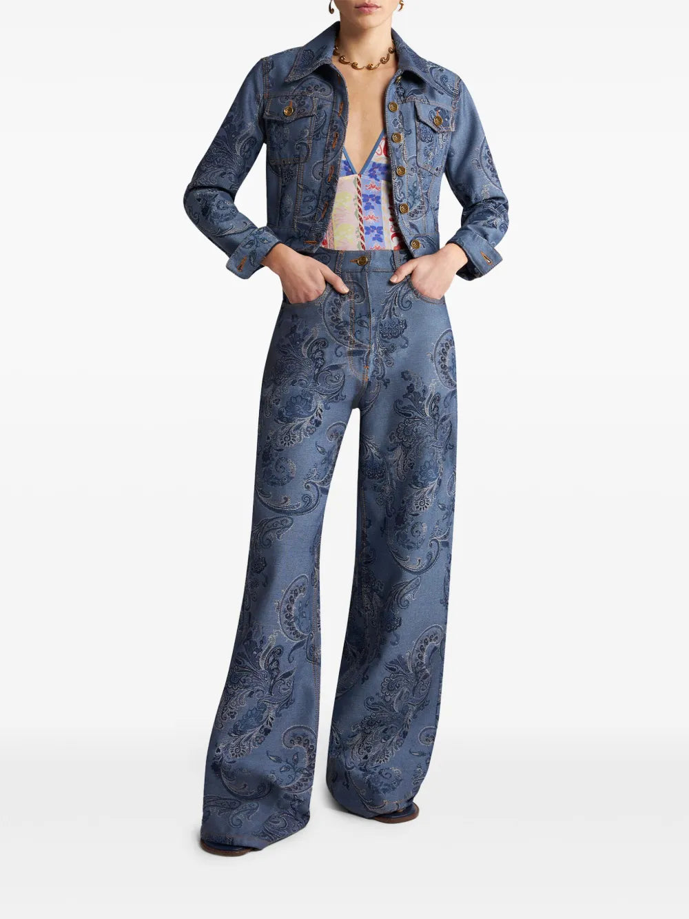 Paisley-Print Wide-Leg Jeans