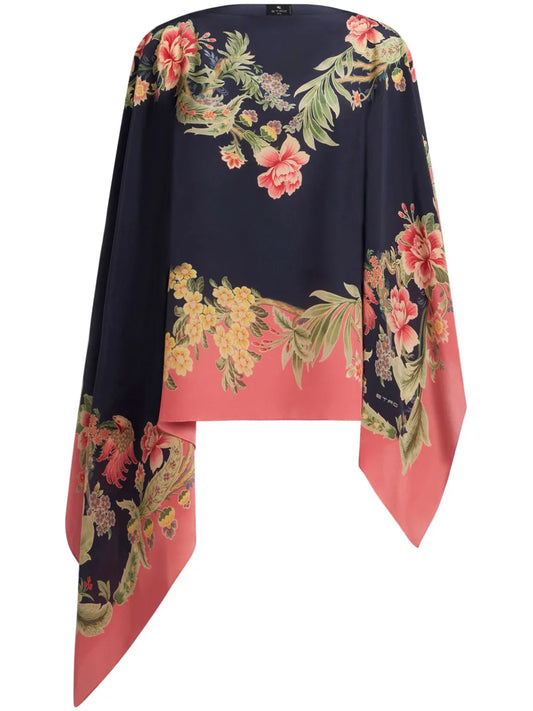 Floral-Print Silk Cape Top