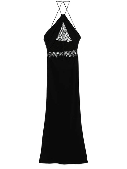 Net-Detail Silk Maxi Dress