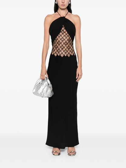 Net-Detail Silk Maxi Dress