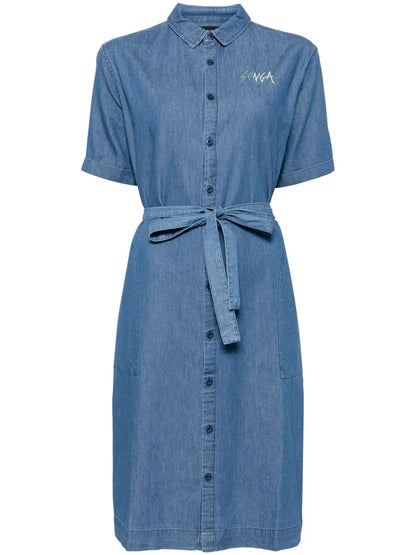 Embroidered Detail Belted Buttoned Dress