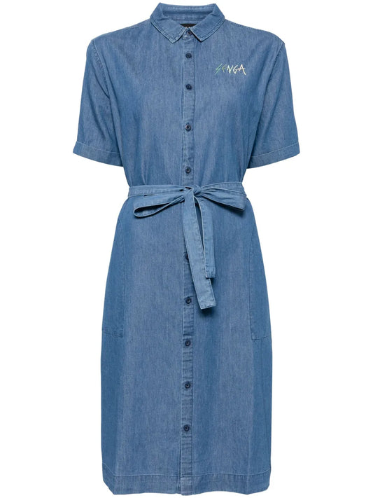 Embroidered Detail Belted Buttoned Dress
