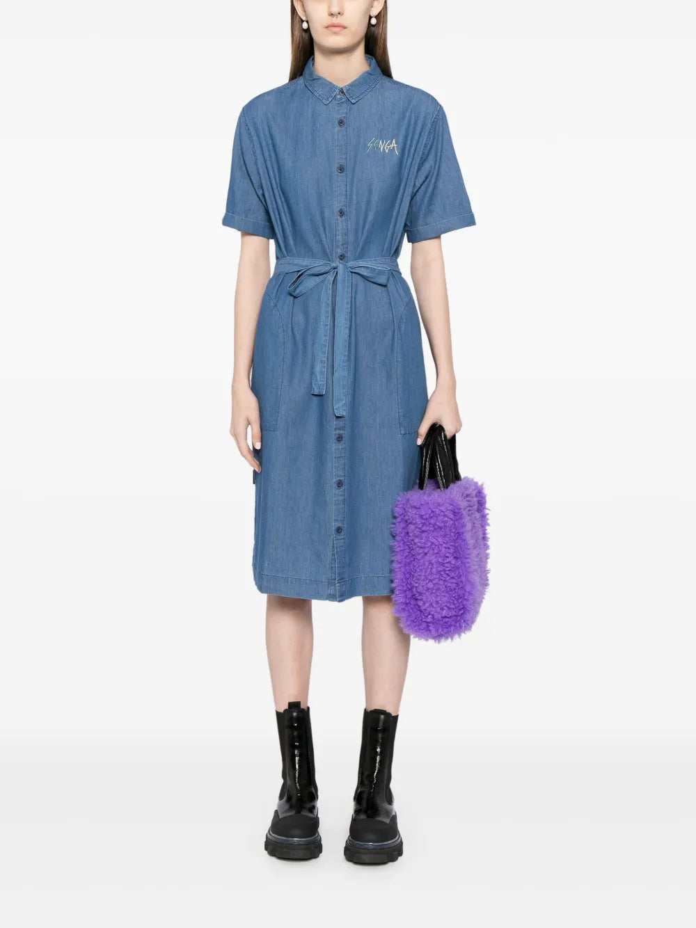Embroidered Detail Belted Buttoned Dress