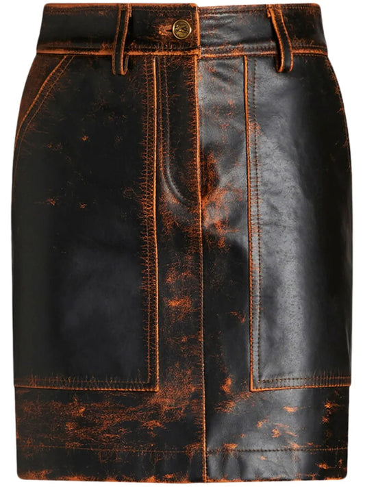 Distressed-Finish Leather Mini Skirt
