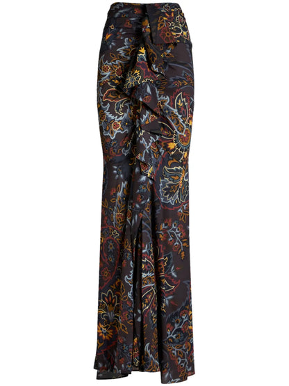 Stretch Sable Paisley-Print Long Skirt