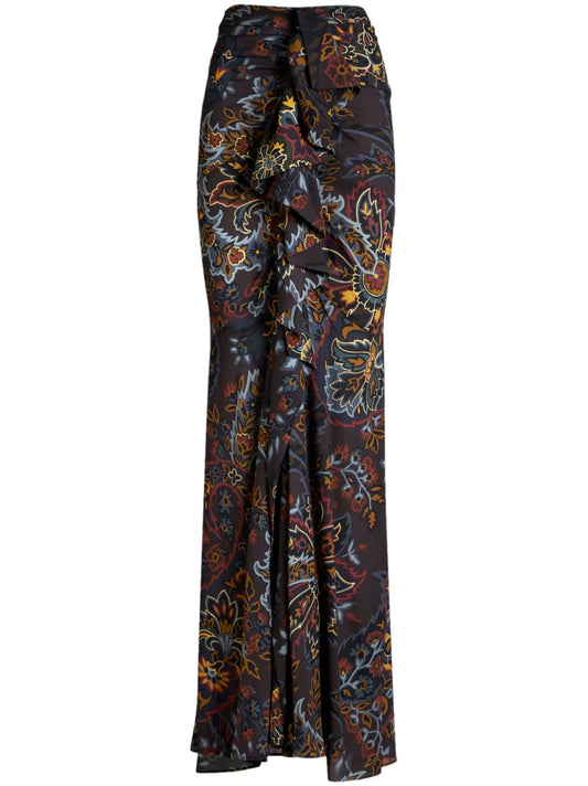Stretch Sable Paisley-Print Long Skirt