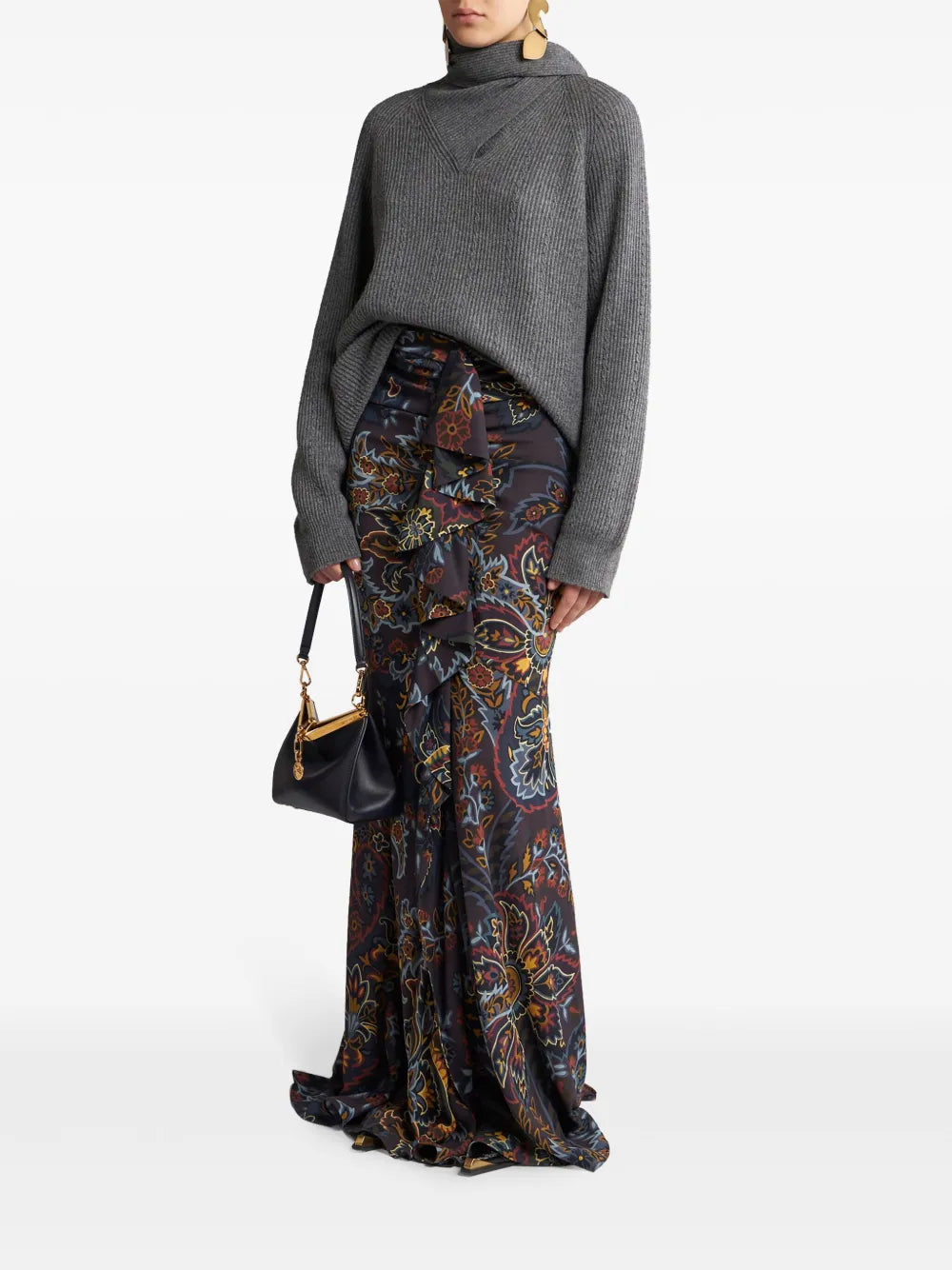 Stretch Sable Paisley-Print Long Skirt