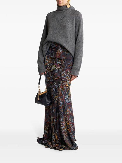 Stretch Sable Paisley-Print Long Skirt