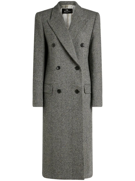 Herringbone-Pattern Double-Breasted Coat