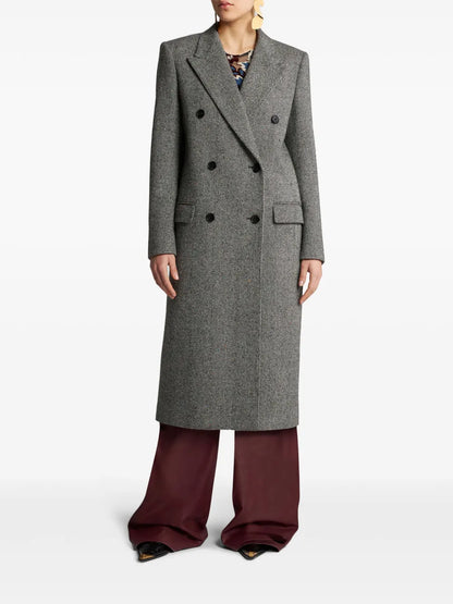 Herringbone-Pattern Double-Breasted Coat
