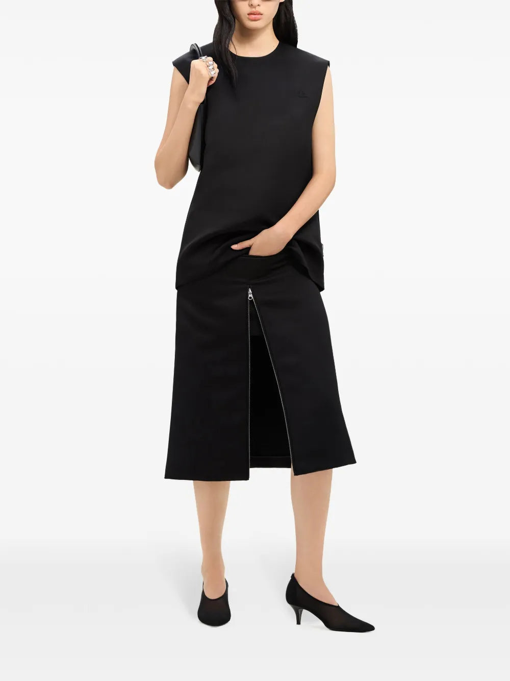 Zip-Detail Satin Midi Skirt
