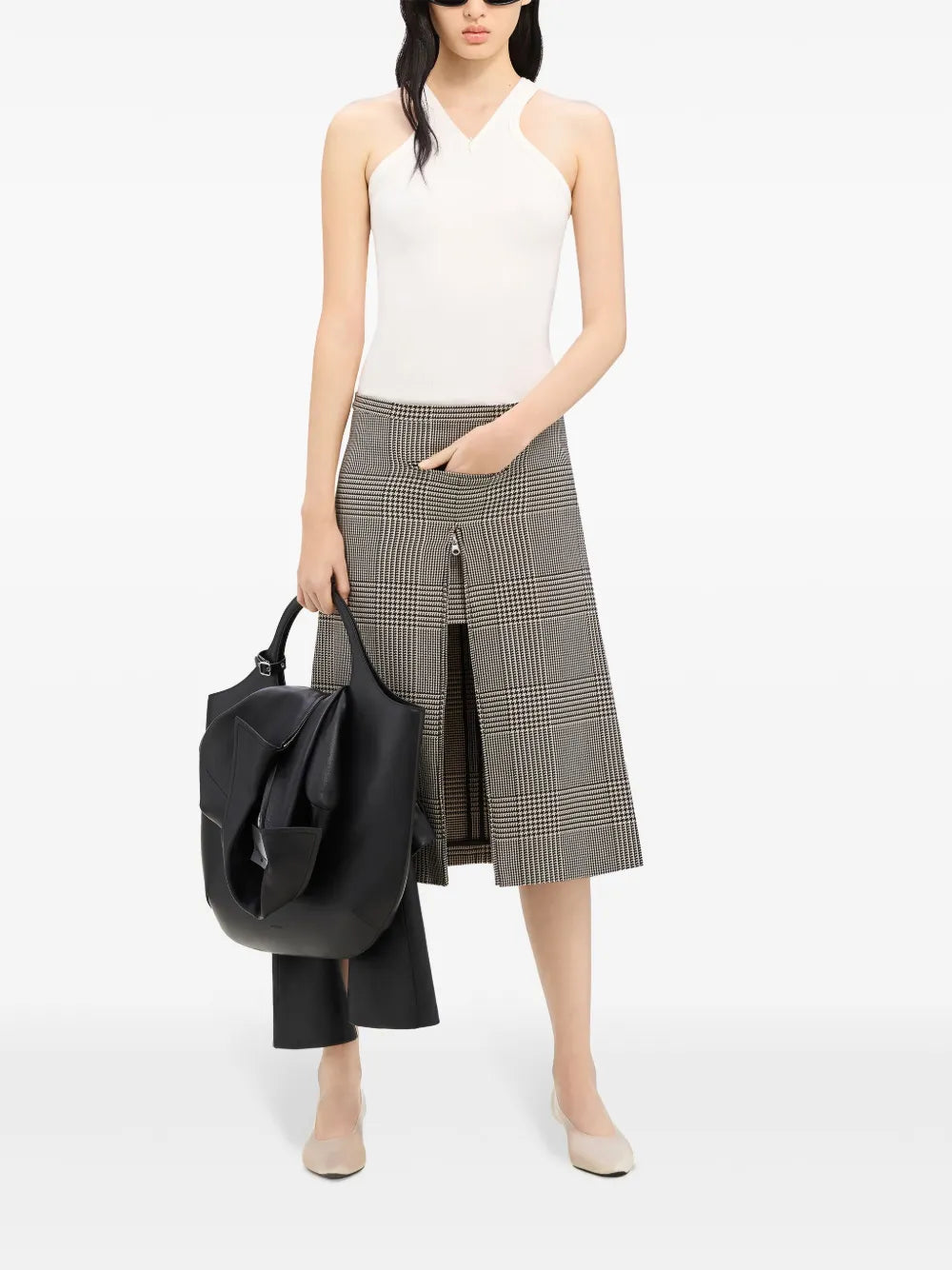 Zip-Detail Checked Midi Skirt