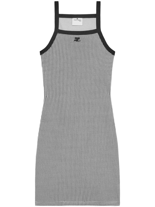 Contrast-Trim Houndstooth Cotton Mini Dress