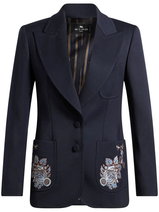 Floral-Embroidered Wool Blazer