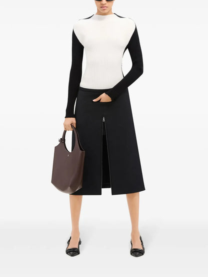 Zip-Detail Twill Midi Skirt