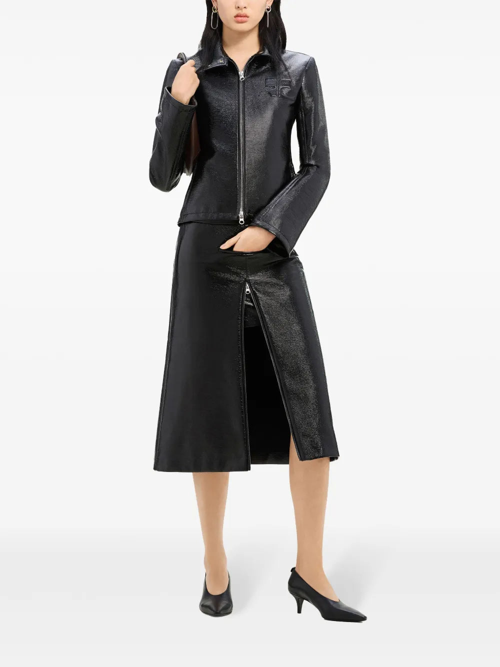 Zip-Detail Coated Midi Skirt