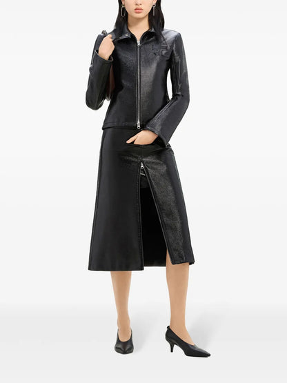 Zip-Detail Coated Midi Skirt