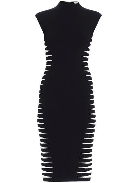 Side-Stripe Mock-Neck Midi Dress