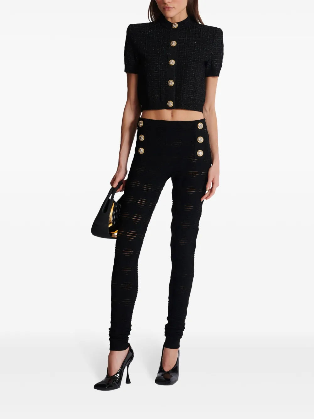 Embossed-Button Open-Knit Leggings