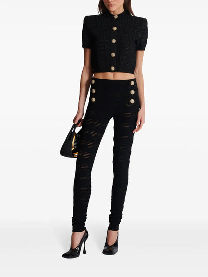 Embossed-Button Open-Knit Leggings