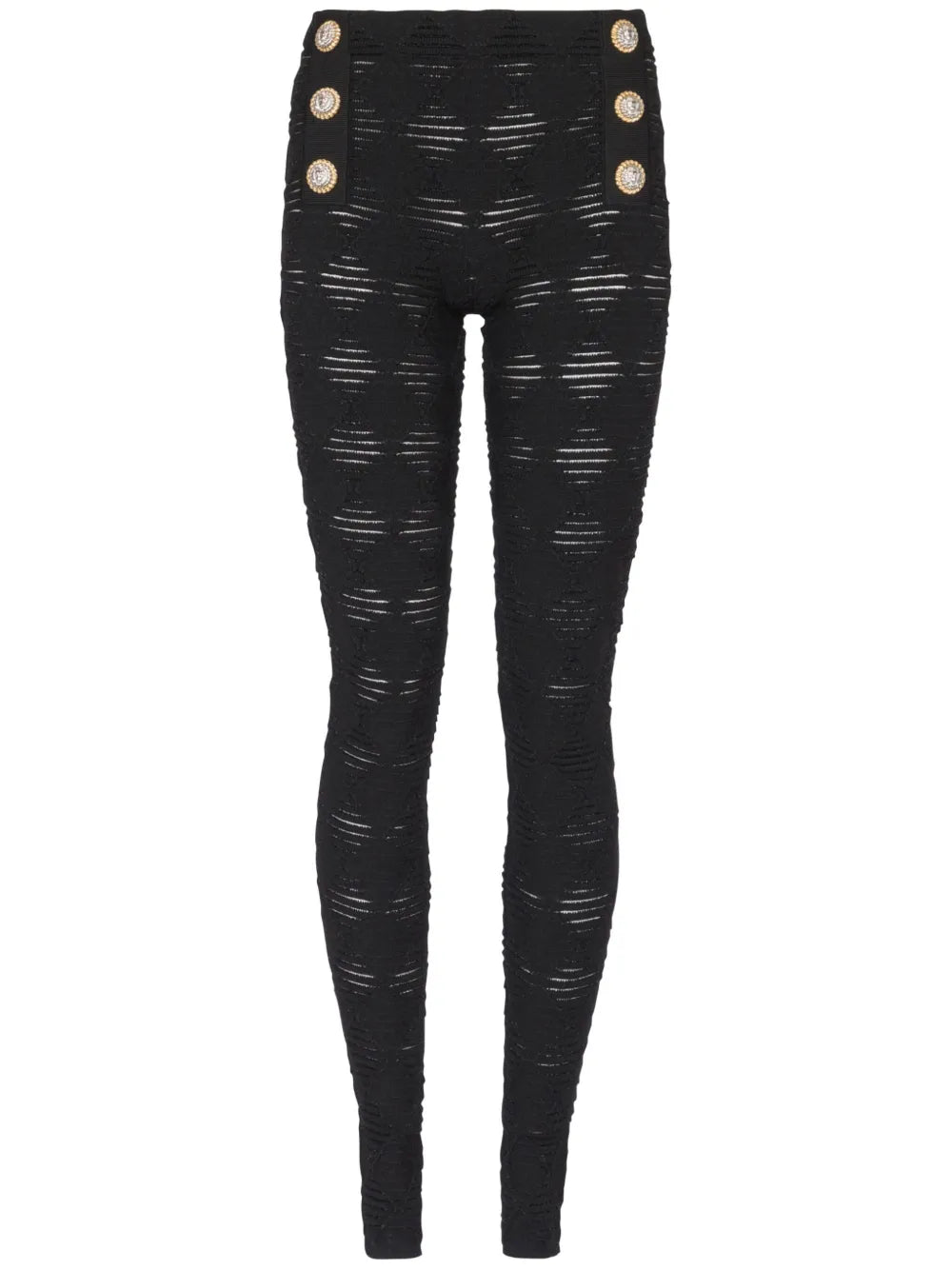 Embossed-Button Open-Knit Leggings