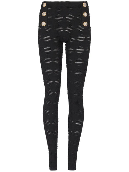 Embossed-Button Open-Knit Leggings