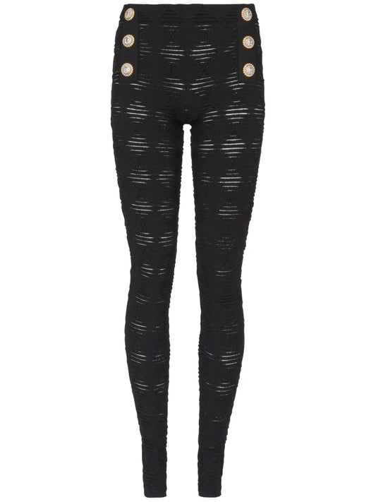 Embossed-Button Open-Knit Leggings