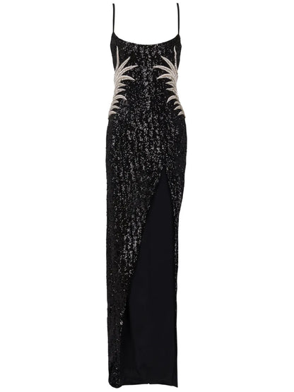 Palm Tree-Embroidered Sequinned Gown