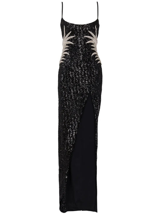 Palm Tree-Embroidered Sequinned Gown