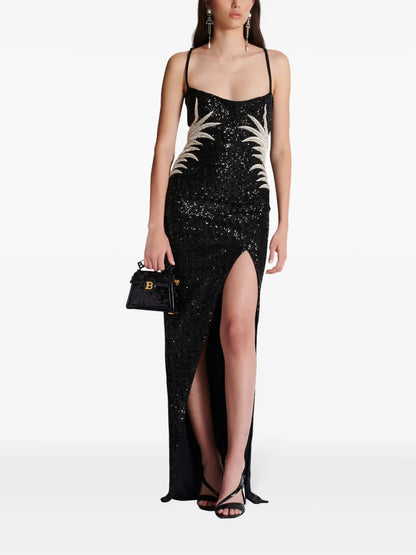 Palm Tree-Embroidered Sequinned Gown