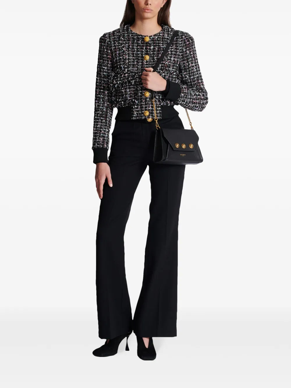 Ribbed-Hem Cropped Tweed Jacket