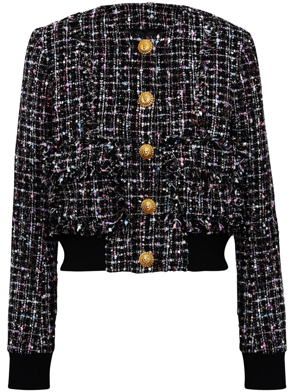 Ribbed-Hem Cropped Tweed Jacket