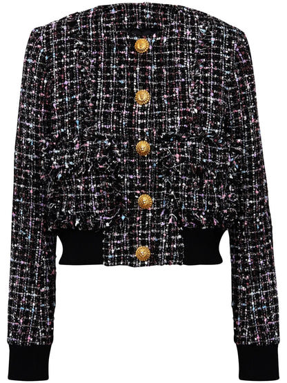 Ribbed-Hem Cropped Tweed Jacket