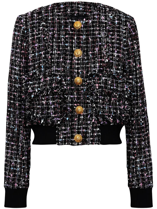 Ribbed-Hem Cropped Tweed Jacket