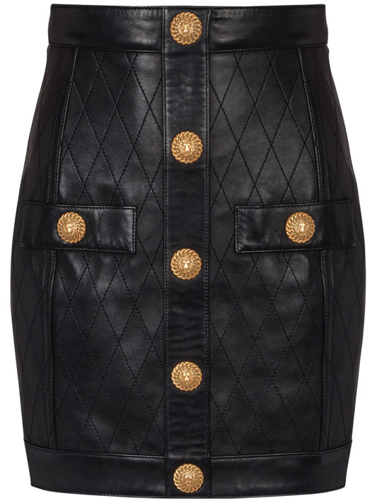 Button-Detail Leather Miniskirt