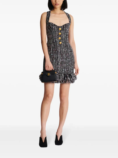 Button-Embellished Tweed Minidress