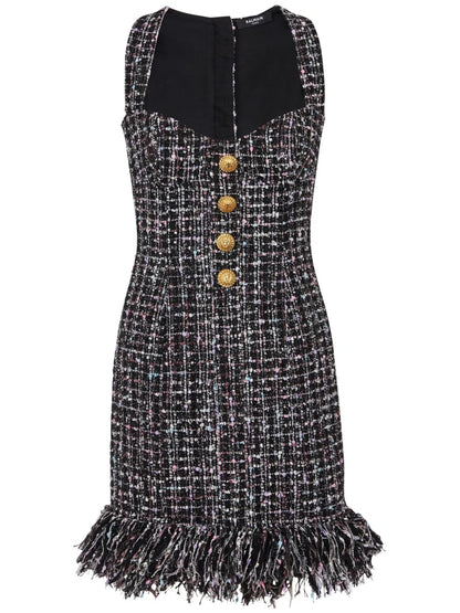 Button-Embellished Tweed Minidress