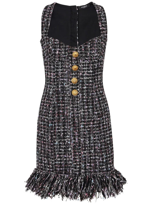 Button-Embellished Tweed Minidress