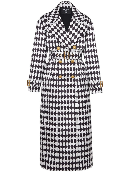 Diamond-Print Belted Trench Coat
