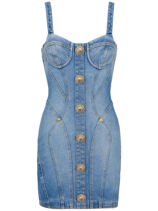 Button-Embellished Denim Minidress