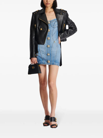 Button-Embellished Denim Minidress