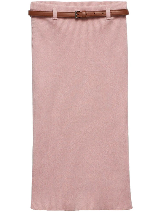 Belted Ribbed Cotton Midi Skirt