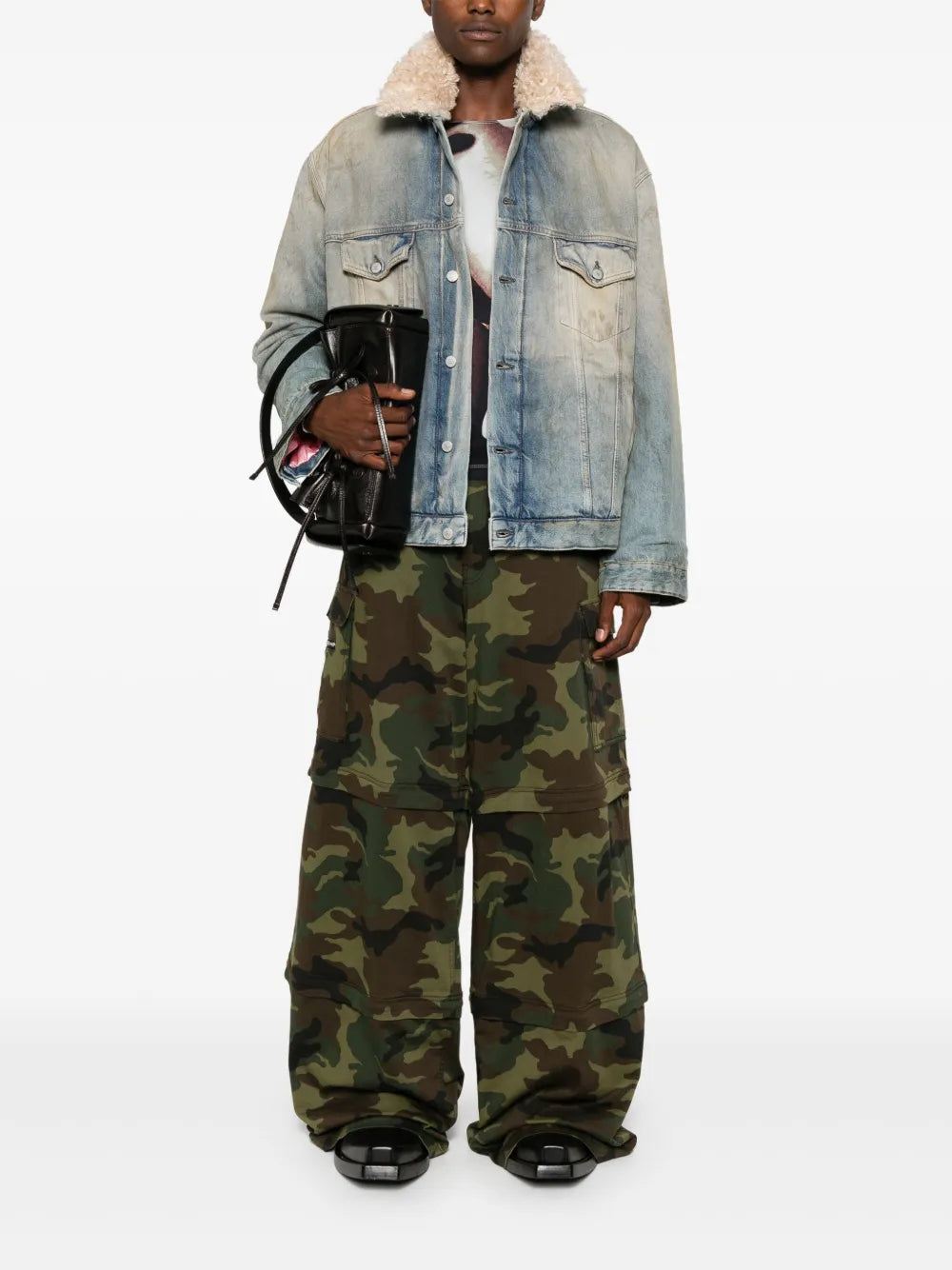 Shearling-Collar Distressed Denim Jacket