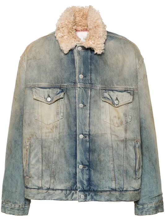 Shearling-Collar Distressed Denim Jacket