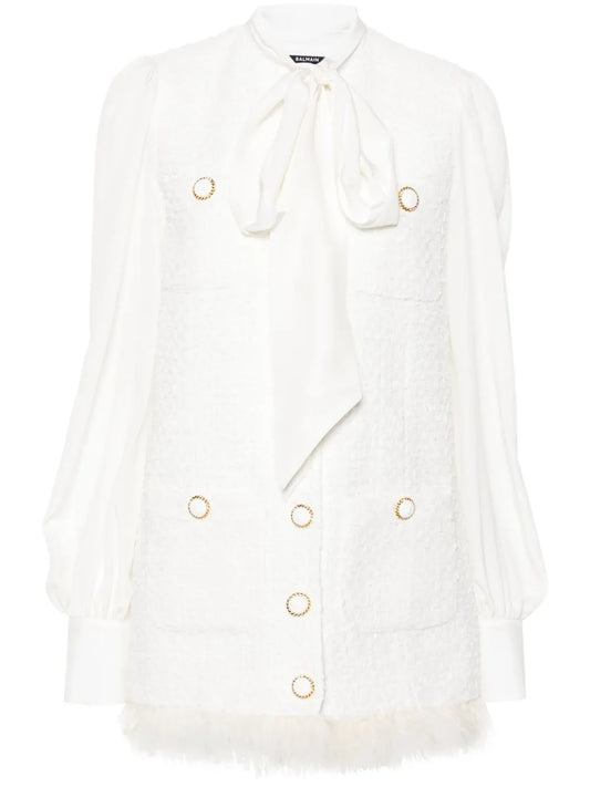 Feather-Trim Tweed Mini Dress