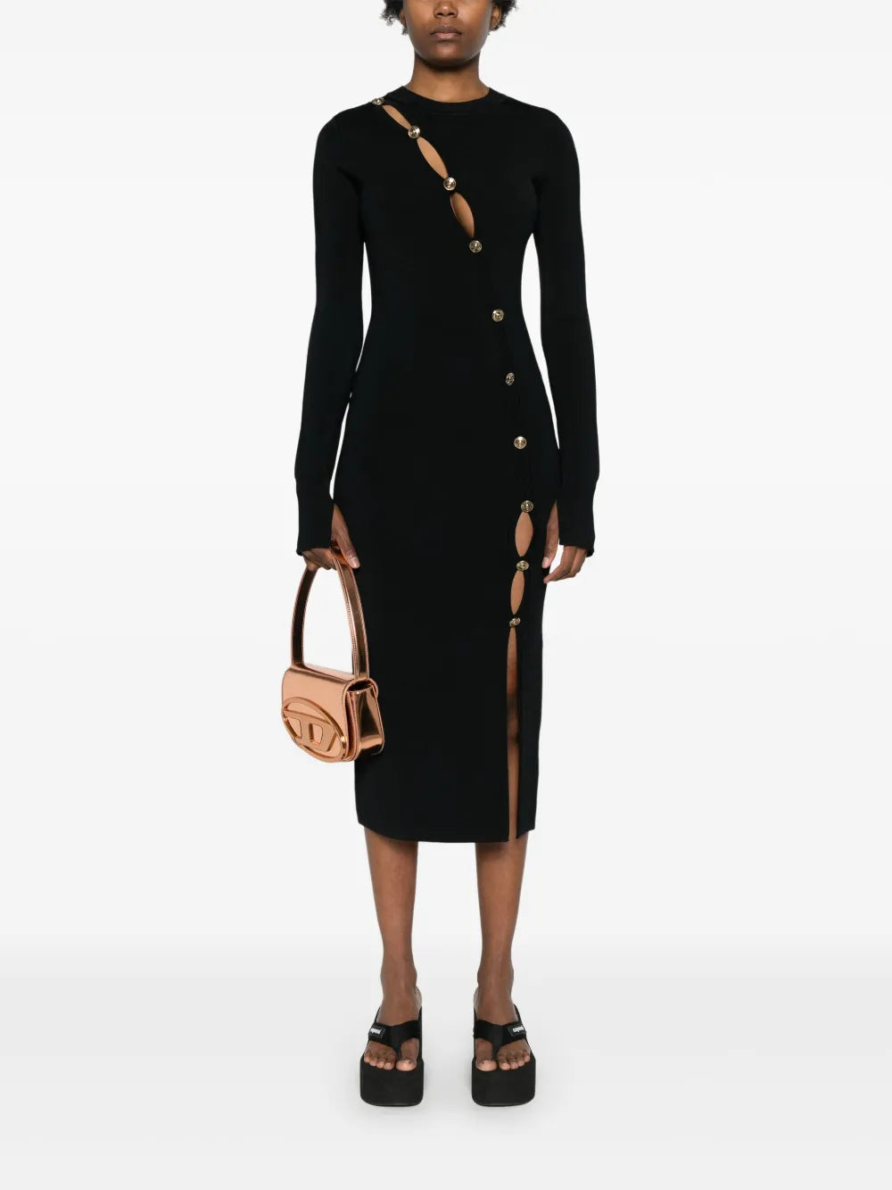 Decorative-Buttons Knitted Midi Dress