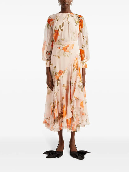 Floral-Print Asymmetric Silk Midi Skirt